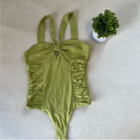 Elodie | Green Ruched Cut Out Bodysuit - Picture 2 of 6